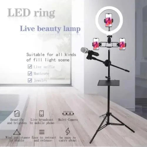 4-In-1 26cm Selfie Ring Light with 3 Phone and Microphone Holder